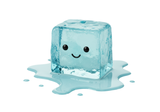 Isolated single ice cube with a cute happy cartoon face melting into a small puddle