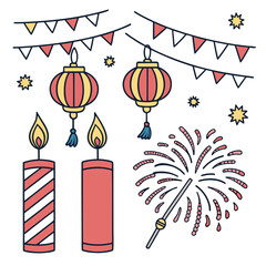 Colorful illustration of lanterns, candles, bunting, and fireworks, perfect for festive events, celebrations, and holidaythemed projects