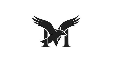 Stylized black bird soaring with bold letter M logo graphic.