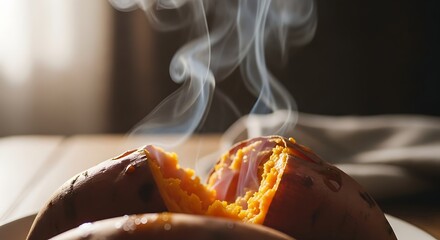 Steaming baked sweet potato, freshly cooked and ready to eat.
