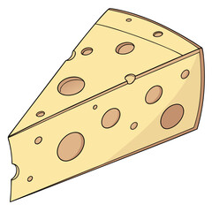 A triangular piece of swiss cheese with holes, , perfect for illustrating dairy products, food, or a healthy snack in a cartoon style