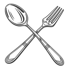 A crossed spoon and fork, perfect for restaurant menus, culinary illustrations, or diningthemed designs, adding a touch of sophistication