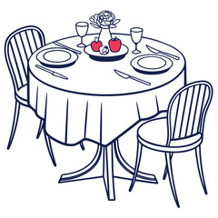 Illustration of a round dining table with two places settings and chairs, ideal for restaurant promotions, wedding invitations, or interior design projects