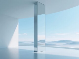 Obraz premium Minimalist interior with transparent column and panoramic mountain view