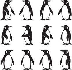 Array of Penguin Silhouettes A Vector Illustration in Black and White