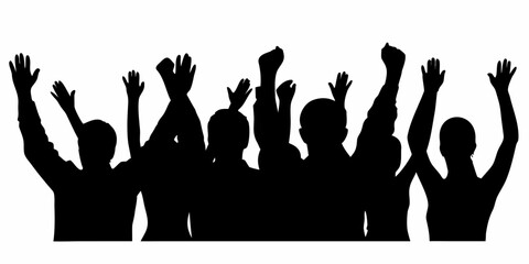 Enthusiastic crowd silhouette cheering with raised hands, celebrating success and unity together now