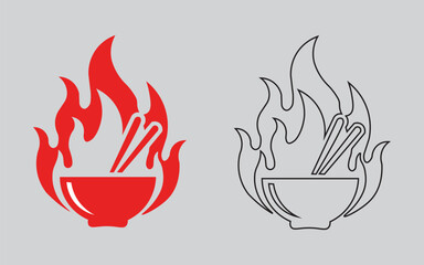 Fiery bowl of noodles with chopsticks, a symbol of spicy cuisine, presented in both red and black line art