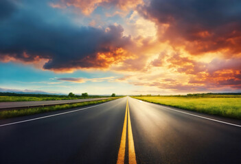 Eyecatching view of a concrete road with a field on the sides covered with thick fog
