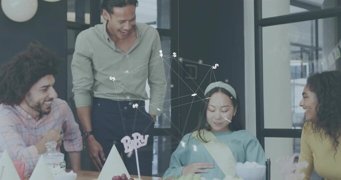 Guest handing bowl to pregnant woman in party room, with animated confetti celebrating gift reveal