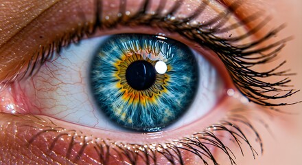 Fototapeta premium The beautiful detail of a human eye with a vibrant and colorful, starburst-like iris pattern.