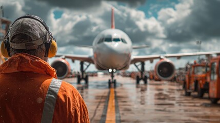 Aircraft Ground Handling Operations with Technician Wearing Safety Gear at Busy Airport Under Dramatic Skies and Reflections on Wet Runway Surface