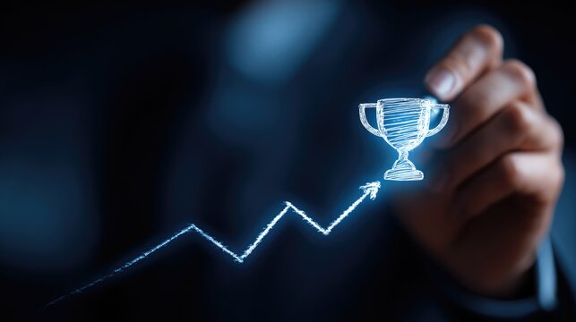 Hand holding glowing trophy sketch with upward graph line symbolizing achievement, success, motivation, and financial growth in business context
