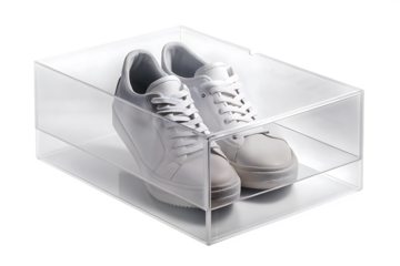 sneakers in clear shoe box isolated on white background, png, ai generated