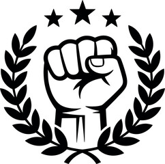 Fist raised in victory, symbolizing strength and achievement within a laurel wreath and stars.