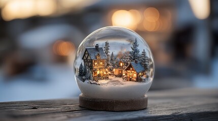 a warmly lit snow-covered village nestled within a clear glass snow globe sits atop a wooden base against a softly blurred festive background.