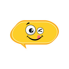 Happy yellow cartoon smiley face icon with a speech bubble expression