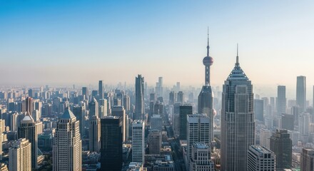 Obraz premium Panoramic Cityscape With Tall Skyscrapers Under Clear Sky