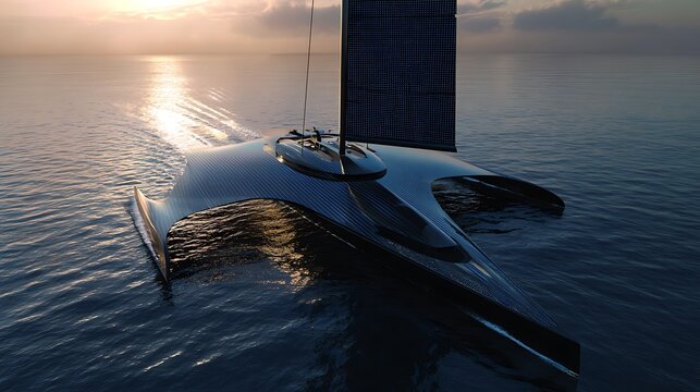 Futuristic trimaran sailing yacht cruising on the open sea at sunset time
