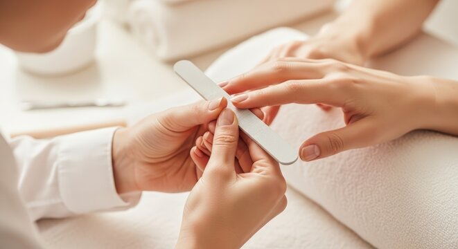 Woman receiving a manicure by a professional manicurist in a beauty salon