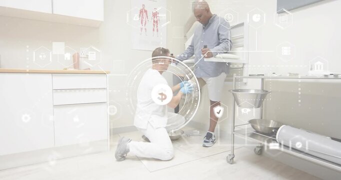 Upon entry, prosthetist kneeling fitting socket onto limb aligning clear cost or timing or safety ic