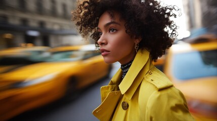 a stylish woman with voluminous curly hair gazes thoughtfully into the blurred cityscape of new york, framed by a vibrant yellow coat and bustling taxi traffic.