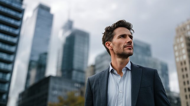 a handsome man in a suit gazes upward with a blurred cityscape reflecting in the glass behind him.