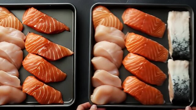 Assortment of Salmon and Chicken on Dark Background in a Studio Setting