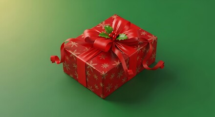 Red Christmas Gift Box with Bow on Green Background.