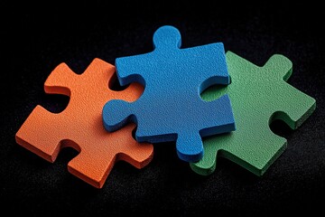 Fototapeta premium Interlocking puzzle pieces in orange, blue, green on black background, featuring geometric texture, for teamwork and problem solving in educational or corporate projects.