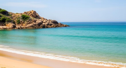 Obraz premium A tranquil Thai tropical paradise with a turquoise bay, palm trees, and a sun-drenched sandy coast