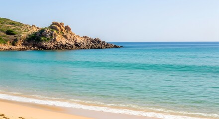 Fototapeta premium A tropical paradise where turquoise water meets the white sand beach and a rocky coast under a bright summer sky