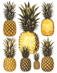 Illustration of multiple pineapples, whole and sliced