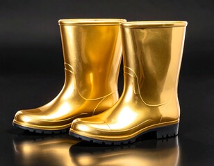 Shiny gold rain boots on dark background (2)