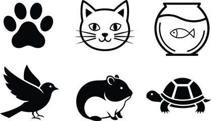 Pet and Domestic Animal Icons | Cat Dog Bird Hamster Turtle Fish Vector Silhouettes.