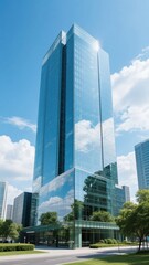 Modern glass skyscraper with reflective facade under clear blue sky