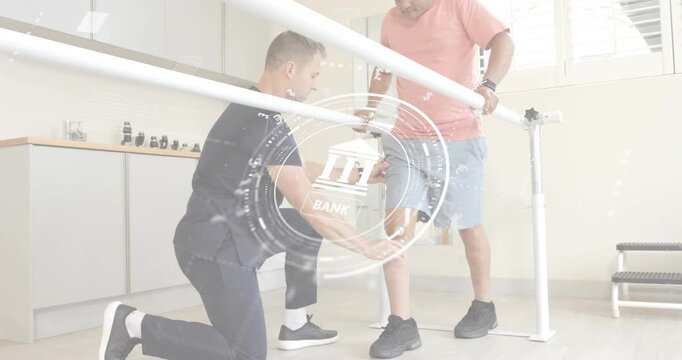 Patient entering rehab grasping parallel bars, practicing balance as therapist adjusting prosthesis