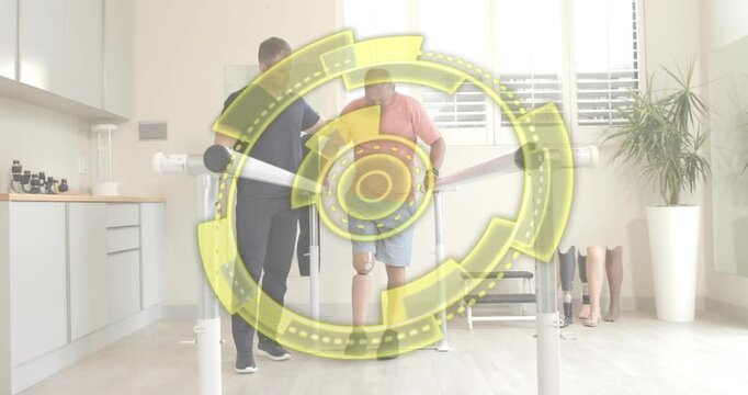 Patient shifting weight after belt fastening by therapist in rehab HUD tracking prosthetic steps