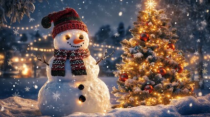 Obraz premium Magical Christmas Night Snowman and Twinkling Tree