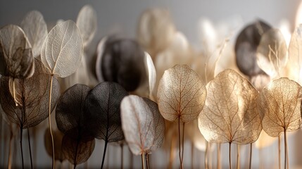 Decorative dried leaves art display showcasing natural textures and colors in soft light