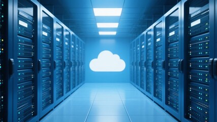 Server room with rows of data servers and a glowing cloud symbol in the distance