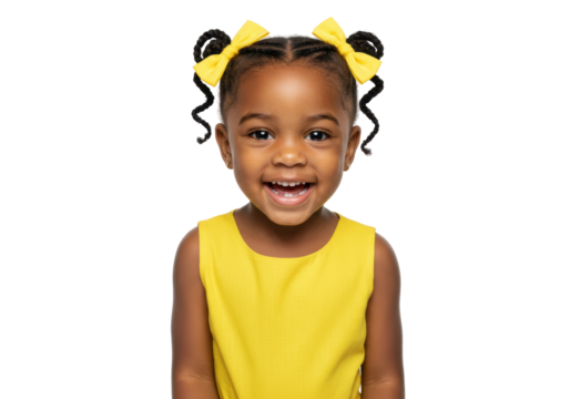 Isolated young girl wearing a yellow dress smiling at the camera on neutral background - Powered by Adobe