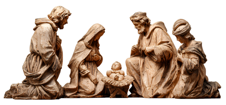 nativity christmas sculpture mary, joseph, baby jesus, and the three kings, isolated on a transparent background