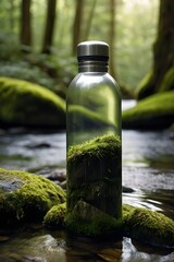 AI generated reusable water bottle outdoors on mossy stone