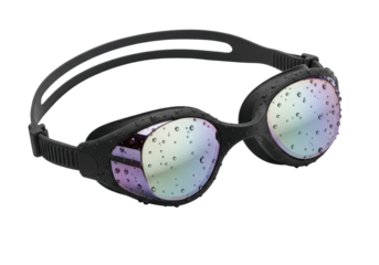 Isolated wet goggles ready to swim reflecting light and colors perfect for competitions