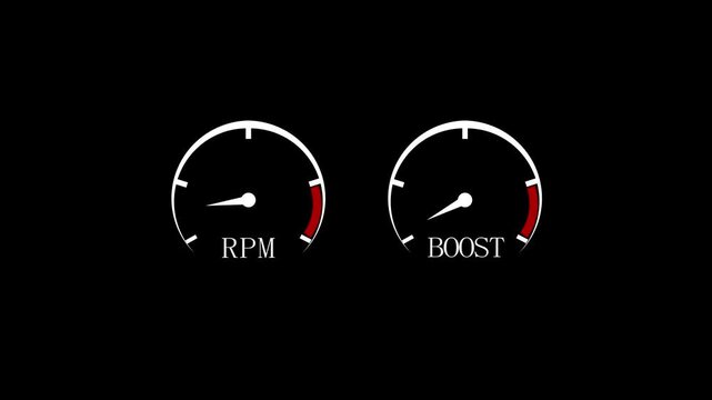 Car tachometer speed. Engine rpm meter. Auto tachometer arrow revving, Tachometer revving. Close up of tachometer display. Rmp Boost gauge