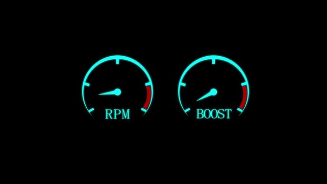 Car tachometer speed. Engine rpm meter. Auto tachometer arrow revving, Tachometer revving. Close up of tachometer display. Rmp Boost gauge