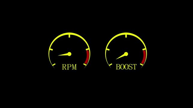 Car tachometer speed. Engine rpm meter. Auto tachometer arrow revving, Tachometer revving. Close up of tachometer display. Rmp Boost gauge