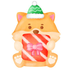 A cartoon dog is holding a red and white gift box with a pink bow. The dog is wearing a green hat and he is excited about the gift