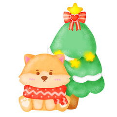 A cute little dog is sitting under a Christmas tree with a red scarf around its neck. The scene is warm and cozy, with the dog looking up at the tree with a sense of wonder and excitement