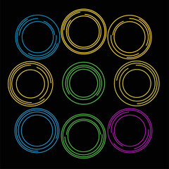 Vector illustration of abstract circular line pattern in blue, yellow, green, and purple on a black background. Futuristic, modern, and minimal design suitable for technology, science, and decorative 